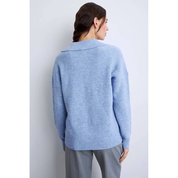 Central Park West Light Blue Ribbed Knit Polo Collar Cardigan Sweater Small Hole - Picture 2 of 5